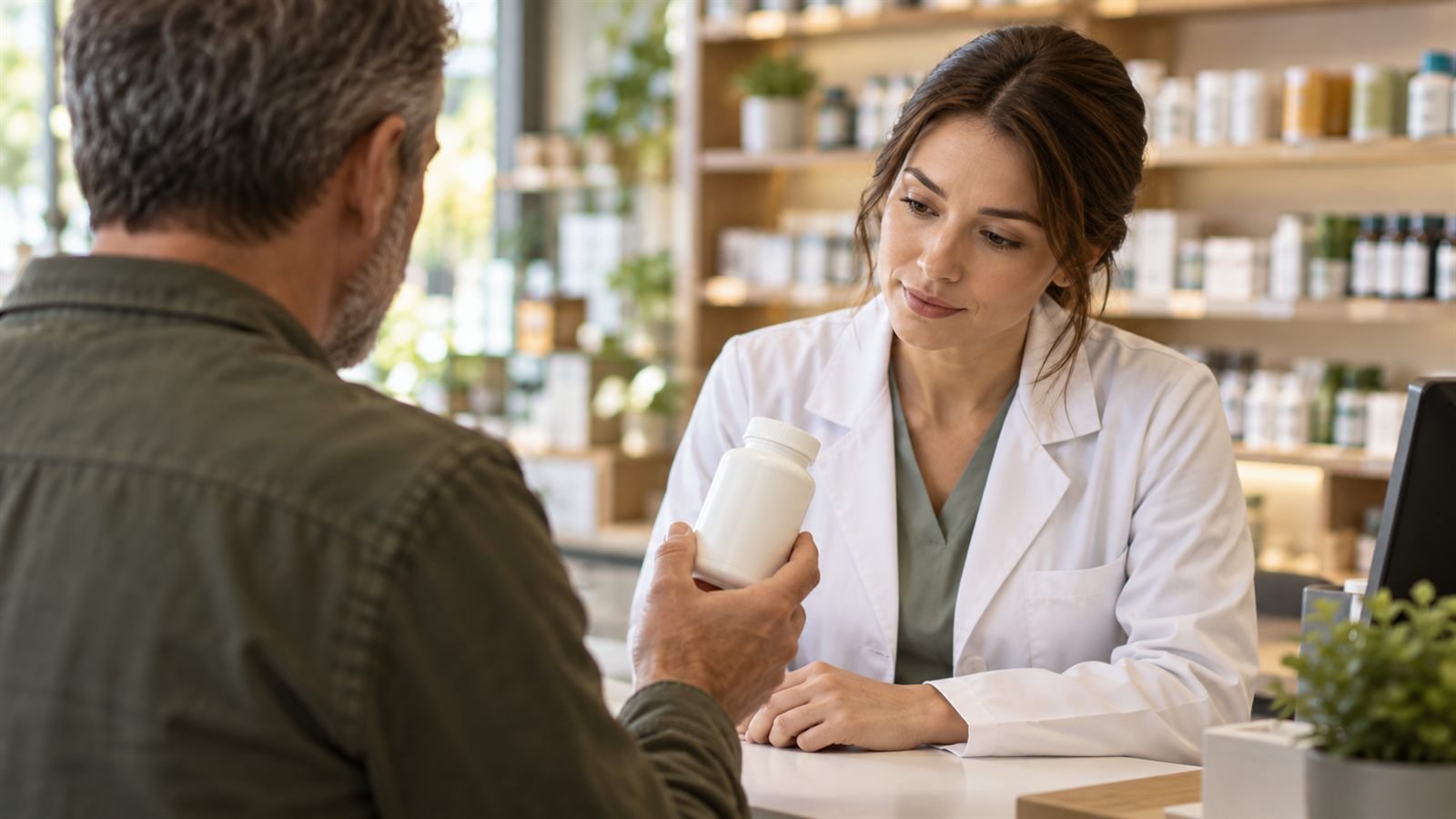 Illustration of a middle-aged man showing an unbranded white supplement bottle to an attentive pharmacist in a white coat at a pharmacy counter
