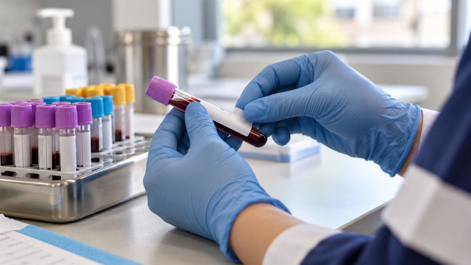 Illustration of gloved hands labeling a blood collection tube at a laboratory counter, with a tray of other tubes beside it