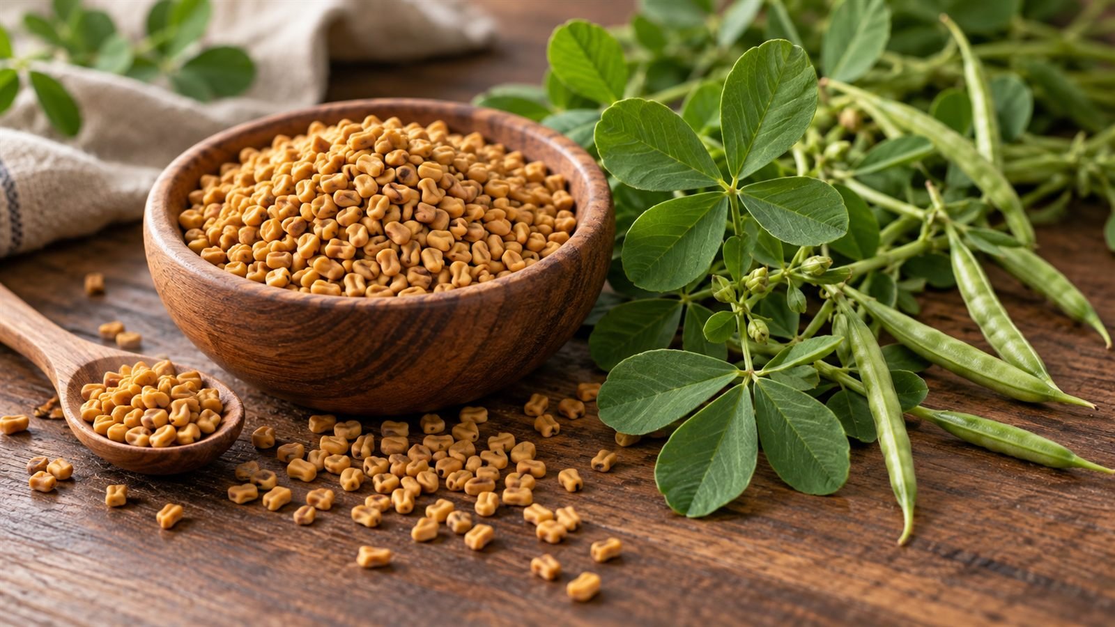 Illustration of fenugreek seeds in a wooden bowl and a wooden spoon on a dark wooden table, with fresh green fenugreek leaves and seed pods beside them