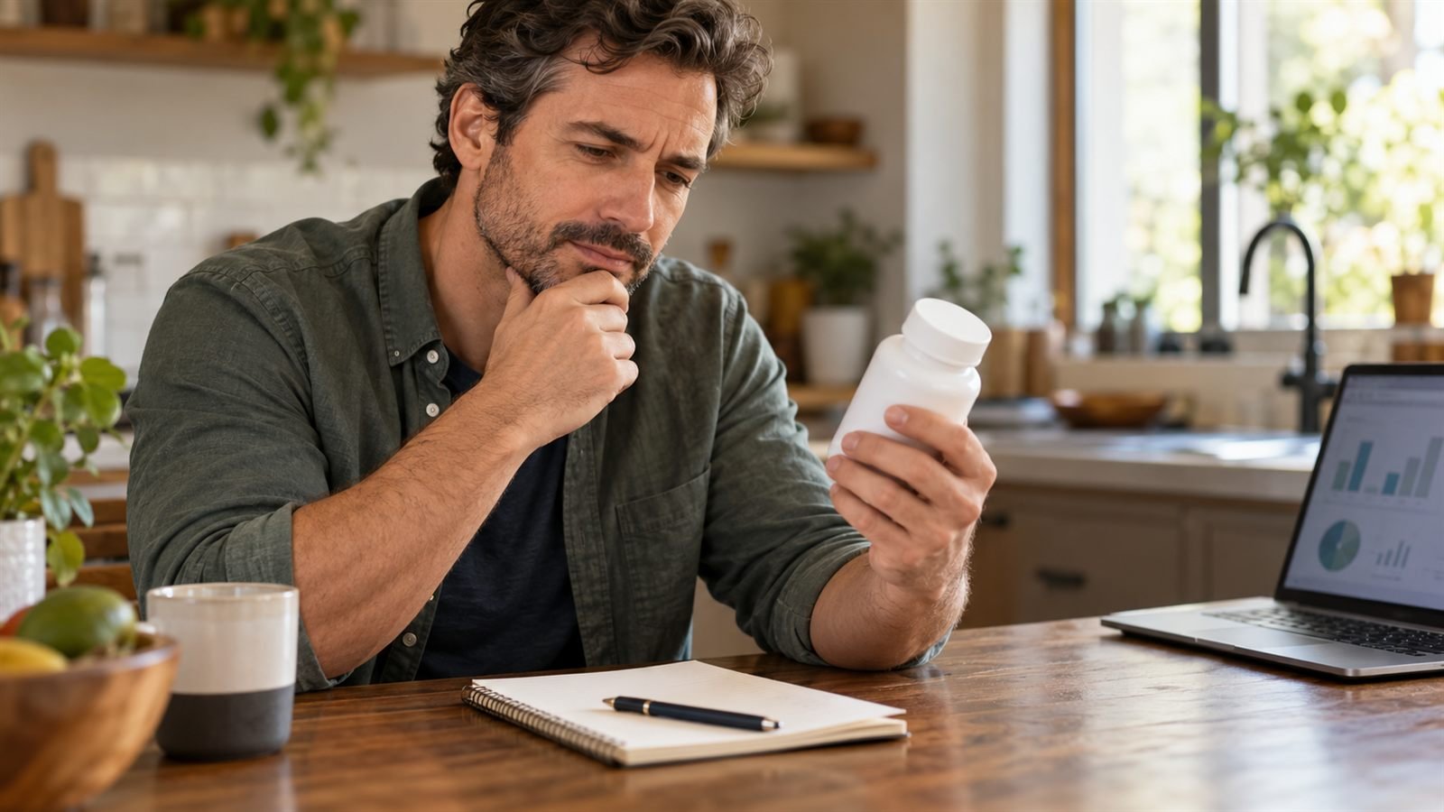 A man in his early 40s at a kitchen table, reading the label of an unbranded supplement bottle with a thoughtful expression, a notebook and laptop beside him