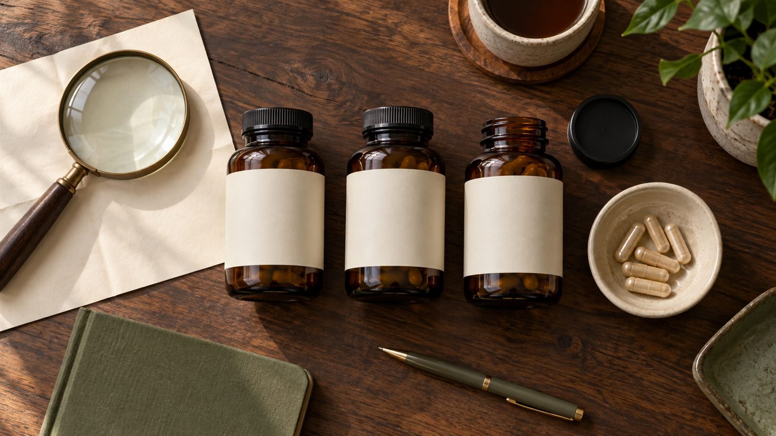 Illustration of three unbranded amber supplement bottles with blank labels on a dark wooden desk, with a magnifying glass on a sheet of paper, a small dish of capsules, a notebook and a pen